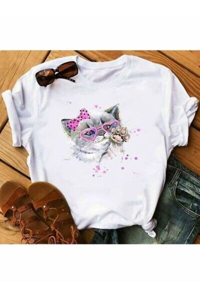 CLASSY.MODA Μπλουζάκι με λευκή στάμπα Oversize - Crew Neck, κοντό μανίκι