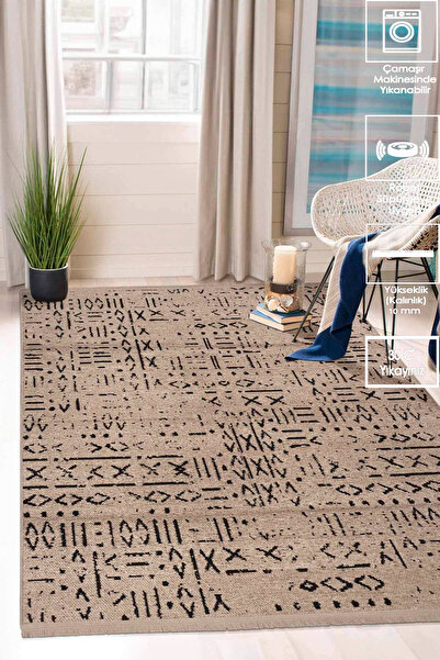 Samira İskandinav Dokuma Şönil Kaymaz Taban Pamuk Yıkanabilir Vizon Salon Hal...