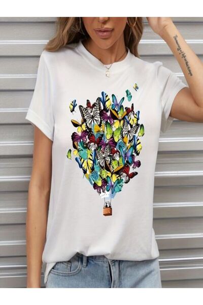 CLASSY.MODA Μπλουζάκι με λευκή στάμπα Oversize - Crew Neck, κοντό μανίκι