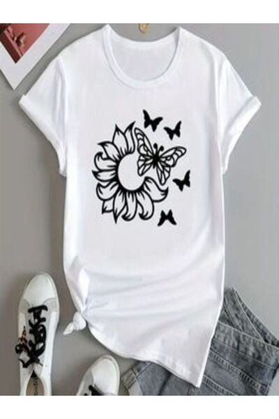 CLASSY.MODA Μπλουζάκι με λευκή στάμπα Oversize - Crew Neck, κοντό μανίκι