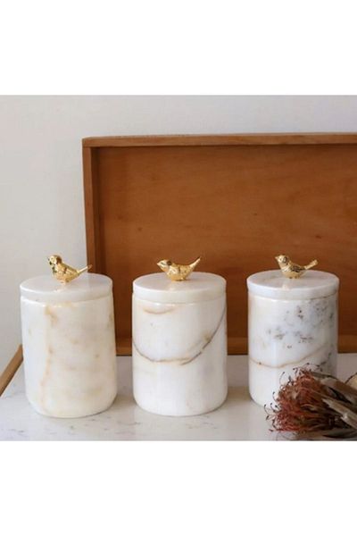 ege gross Decorative White Marble Kuslu 3-Piece Spice Bowl Sugar Bowl Jar Set