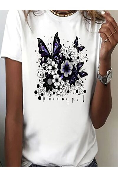 CLASSY.MODA تي شيرت أبيض كبير الحجم مطبوع - رقبة دائرية، كم قصير