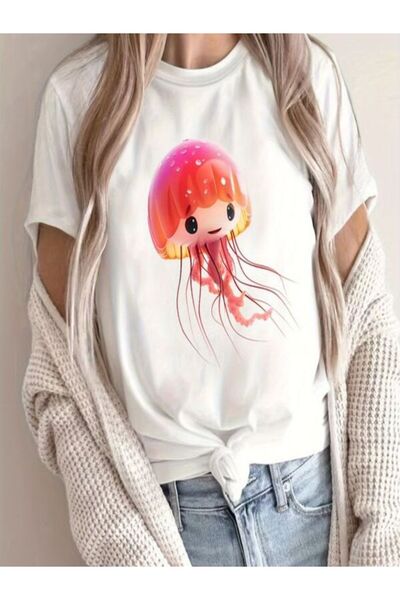 CLASSY.MODA Μπλουζάκι με λευκή στάμπα Oversize - Crew Neck, κοντό μανίκι