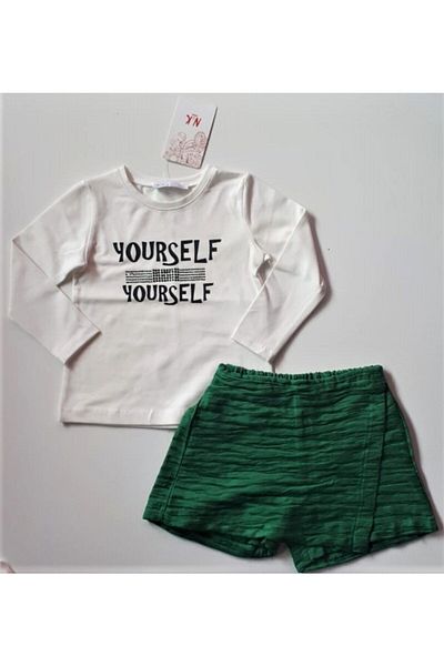 nk kids Girl's Beaded Green Color Shorts Skirt Ecru Color Blouse Holiday Bottom Top Set of 2