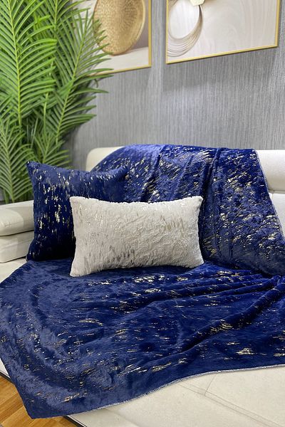 Paris Life Navy Blue Rabbit Plush Gold Foil Printed Sofa Cover and Shawl