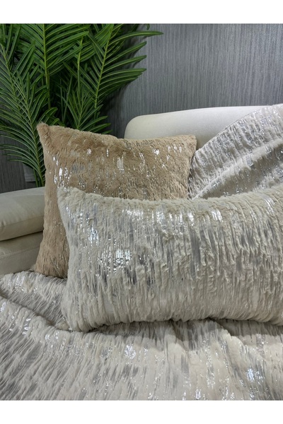 Paris Life Tavşan Peluş Gümüş Varak Baskılı Koltuk Örtüsü & Şalı  - Krem.