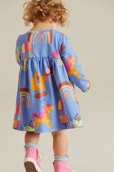 Next Baby Unicorn Patterned Blue Cotton Long Sleeve Dress