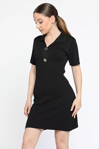 GÜLSELİ Rochie de damă tricotată cu guler polo negru din Lycra - Detaliu cu nasturi în față