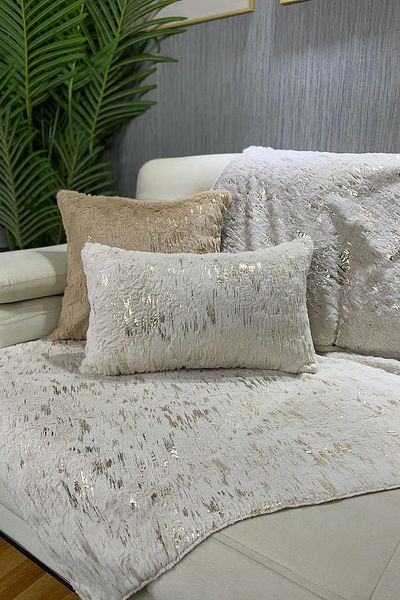 Paris Life Gold Foil Printed Rabbit Plush Sofa Cover and Shawl - Cream