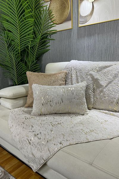 Paris Life Gold Foil Printed Rabbit Plush Sofa Cover and Shawl - Cream