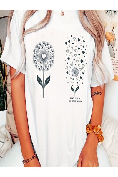 CLASSY.MODA Μπλουζάκι με λευκή στάμπα Oversize - Crew Neck, κοντό μανίκι