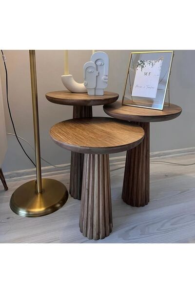 Simillo Home&Living 3'lü Set Mantar Yan Sehpa Modern Ahşap Ceviz Renk Fiskos ...