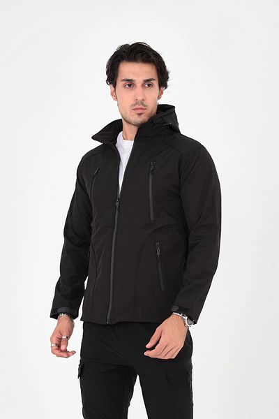 Camp Scoutland Camp455 Outdoor Softshell Ανθεκτικό στο νερό και τον άνεμο Fleece Inside Mobile Hooded Ανδρικό μαύρο παλτό τακτικής