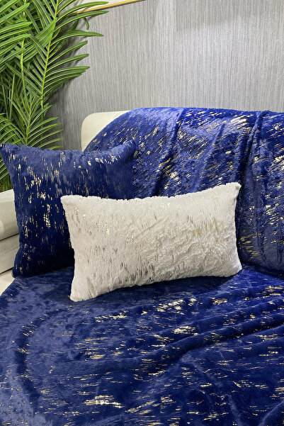 Paris Life Tavşan Peluş Gold Varak Baskılı Koltuk Örtüsü & Şalı  - Lacivert