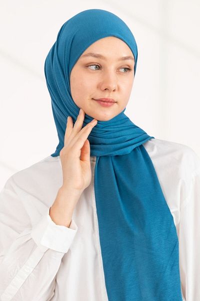 hijabchi Şal din Jersey din Bumbac Pieptănat - Albastru Petrol