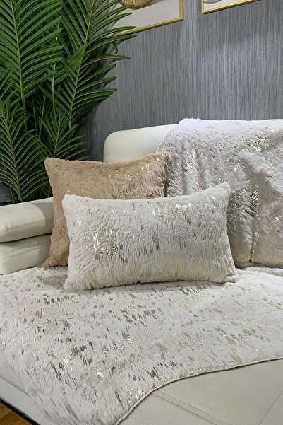 Paris Life Tavşan Peluş Gold Varak Baskılı Koltuk Örtüsü & Şalı  - Krem