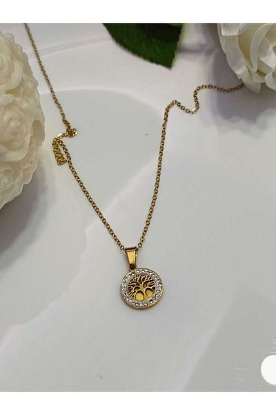 Çelik Tree of Life Zircon Stone Steel Necklace