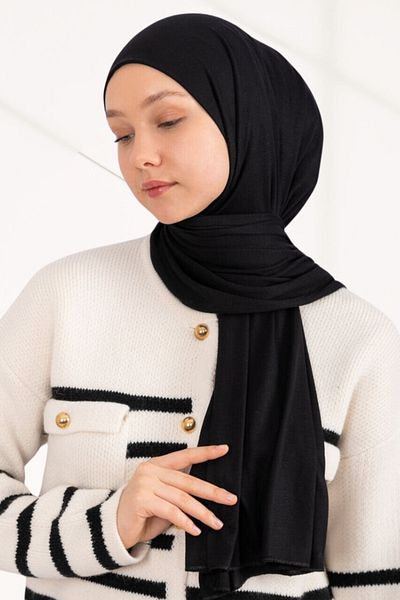 hijabchi Χτενισμένο βαμβακερό σάλι Τζέρσεϊ σάλι - Μαύρο