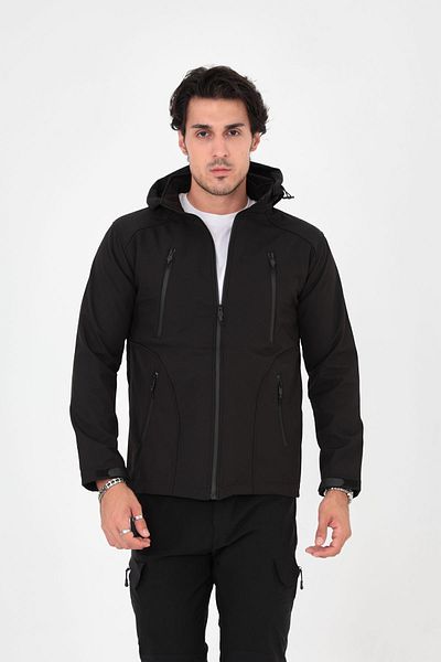 Camp Scoutland Camp455 Outdoor Softshell Ανθεκτικό στο νερό και τον άνεμο Fleece Inside Mobile Hooded Ανδρικό μαύρο παλτό τακτικής