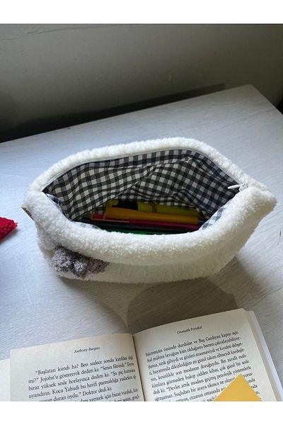 sumicorn Rabbit Plush Washable Zippered Gingham Lined Cloth Pen Holder Pencil Case Wallet Makeup Bag