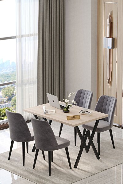 Kaffahome Will 70x120 Sonomo Sabit Yemek Masası , Yemek Masa Takımı 4 Gri San...
