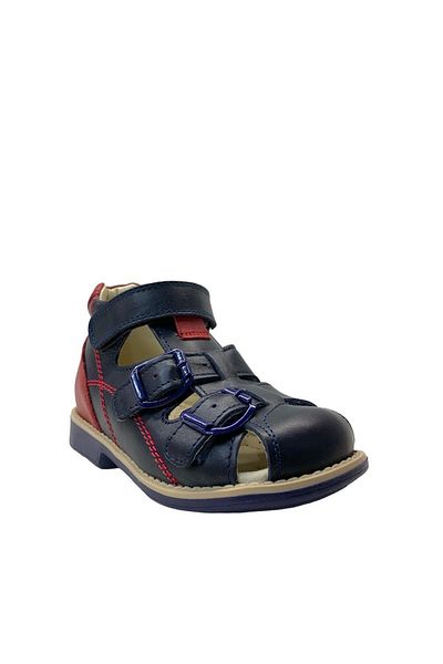 Tuğba Ortopedi 646 Model Orthopedic Boy Sandals - Genuine Leather, Navy/Red, Corset