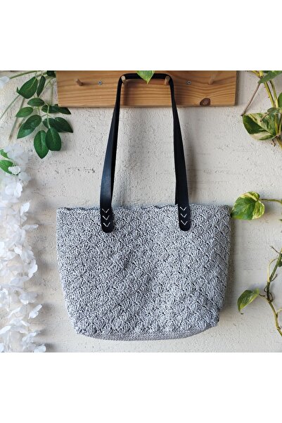 NeednStore Γκρι Πλεκτή Χειροποίητη Ψάθινη Γυναικεία Τσάντα Ώμου/Χειρός