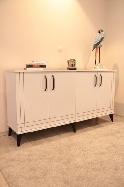 KLT Modüler Konsol Tv Ünite Beyaz Gövde Beyaz Kapak Dekoratif Çizgiler Salon ...