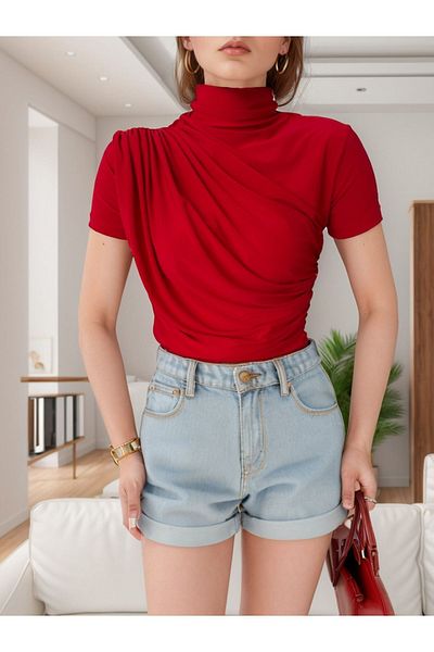 Loomora Red Sandy Fabric - Stylish Short Sleeve Blouse with Cross Gather Detail