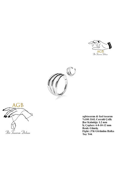 agbtasarım %100 Çelik Burun, Dudak, Kaş, Kıkırdak" Çift Menteşeli Gümüş Halka...
