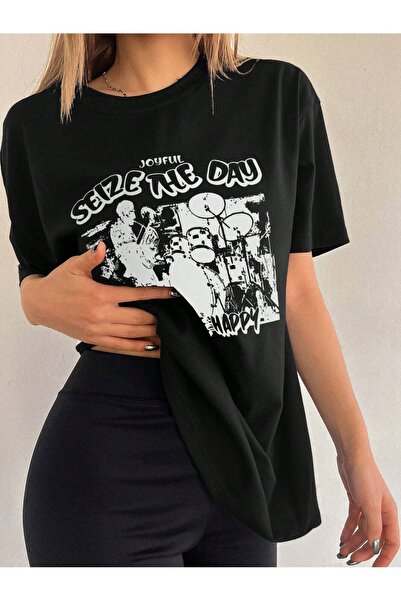 over head oh Crna Oversize kroj T-shirt - Iskoristi dan Štampano