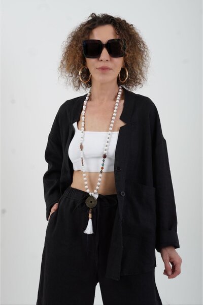Zelish My Sister Jachetă oversize din in negru - un singur buzunar Natural