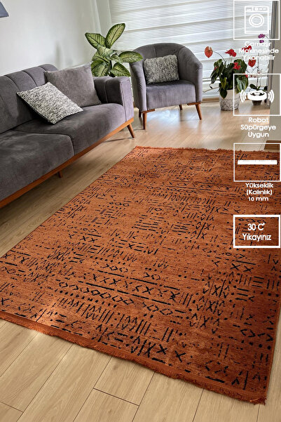 Samira İskandinav Dokuma Şönil Kaymaz Taban Pamuk Yıkanabilir Kiremit Salon Halısı Yolluk Mutfak Halısı