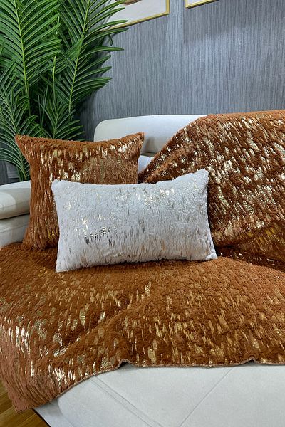 Paris Life Gold Foil Printed Plush Rabbit Sofa Cover and Shawl - Cinnamon