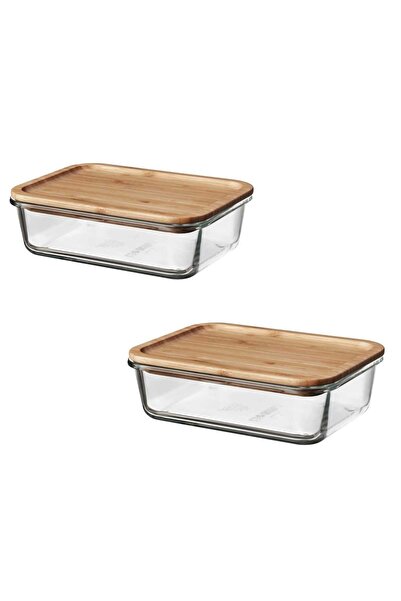 IKEA 2 Parça Bambu Kapaklı Vakumlu Cam Saklama Kabı 1lt 21x15x7cm