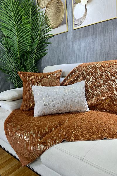 Paris Life Gold Foil Printed Plush Rabbit Sofa Cover and Shawl - Cinnamon