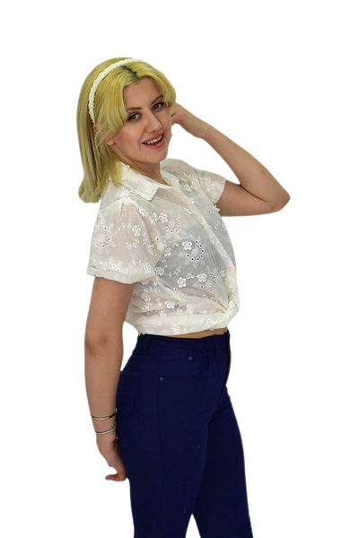HİSSET Bluză de damă brodată - cu mânecă scurtă, BGL-ST0371