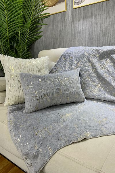 Paris Life Light Gray Rabbit Plush Gold Foil Printed Sofa Cover and Shawl