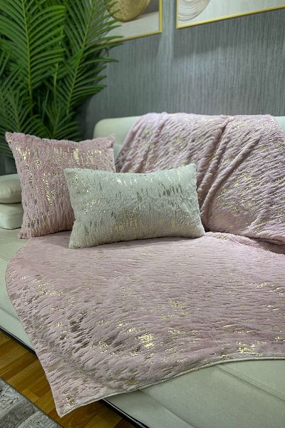 Paris Life Gold Foil Printed Rabbit Plush Sofa Cover and Shawl - Powder