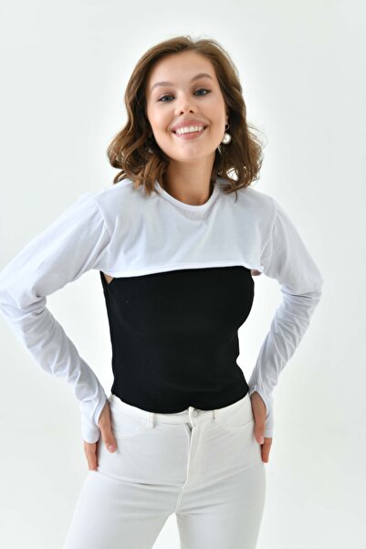 mirach Beyaz Bisiklet Parmaklı Tesettür Boyunluk | Uzun Kollu Kolluklu Body Bluz Bolero Rahat Tasarım