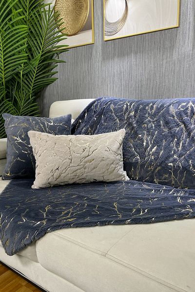 Paris Life Indigo Blue Rabbit Plush Gold Foil Printed Sofa Cover and Shawl