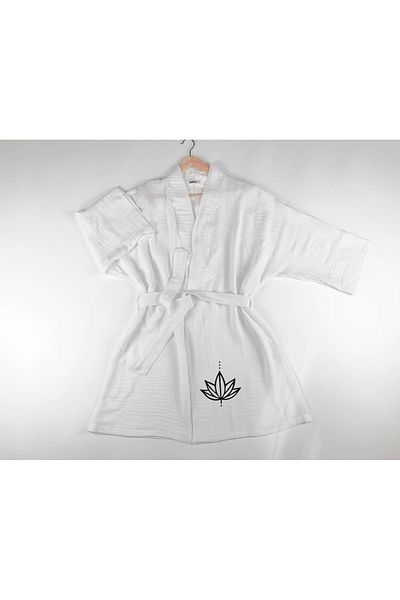 Kidilia White Muslin Kimono with Lotus and Unalome Image