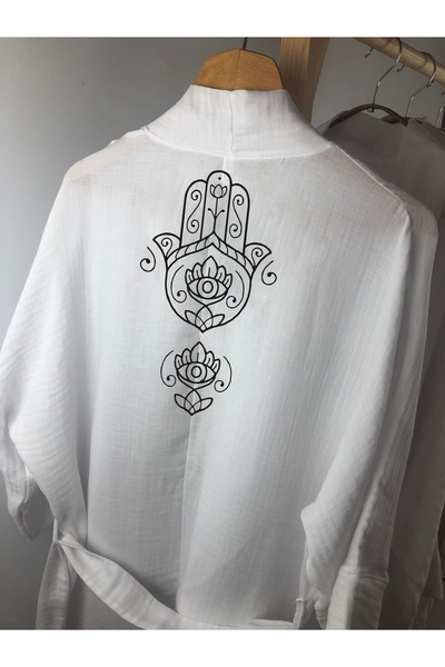 Kidilia Fatma'nın Eli Görselli Beyaz Müslin Kimono