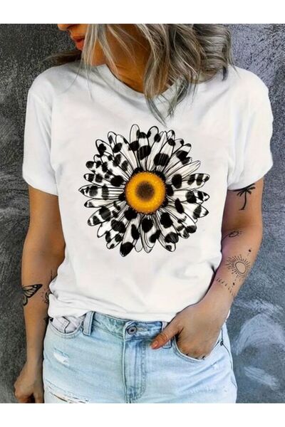 CLASSY.MODA Μπλουζάκι με λευκή στάμπα Oversize - Crew Neck, κοντό μανίκι