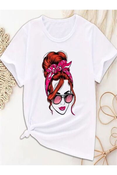 CLASSY.MODA Μπλουζάκι με λευκή στάμπα Oversize - Crew Neck, κοντό μανίκι