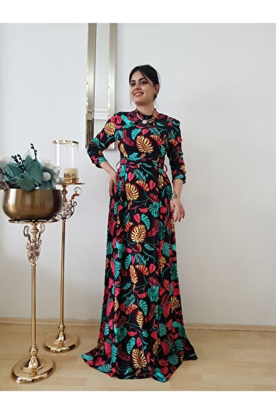 FERGAN Women's Black Floral Hijab Casual Dress