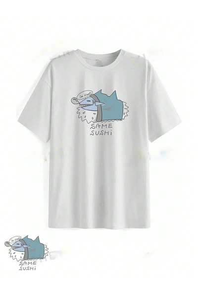 over head oh تي شيرت أبيض كبير الحجم مطبوع عليه نفس السوشي للجنسين
