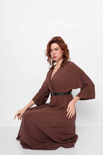 Lusin Rochie de damă lungă la două piept cu centură - maro