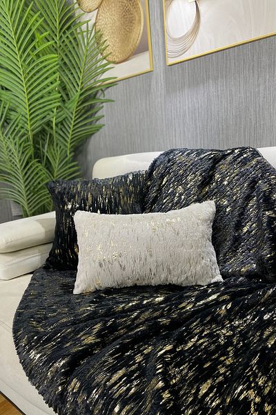 Paris Life Black Rabbit Plush Gold Foil Printed Sofa Cover and Shawl
