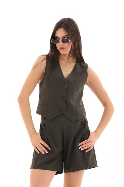 Moda Tuğram Khaki Vest and Shorts Set - Buttoned
